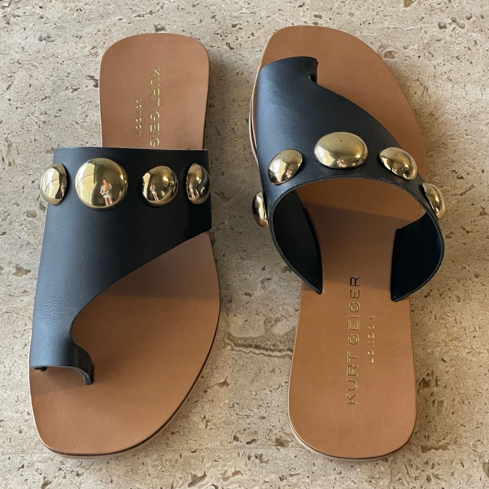 KURT GEIGER Black Leather Gold Ball Studded Toe Ring Sandals - EU 38 / 7.5-8 NIB - Picture 6 of 14